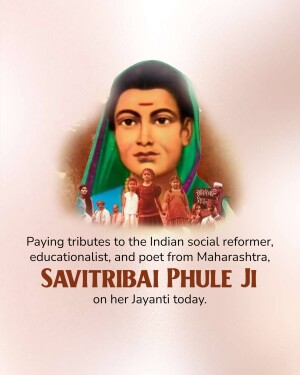 Portrait of Savitribai Phule with images of people in the background
