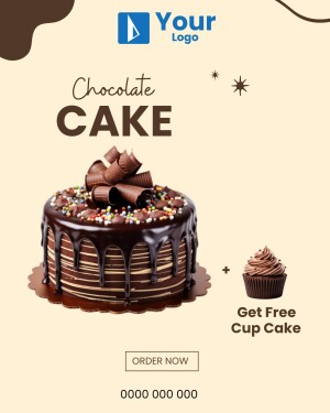 Delicious chocolate cake with chocolate curls and a free cupcake offer.