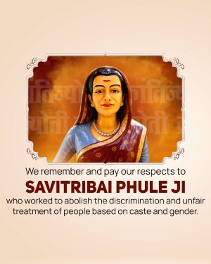 Portrait of Savitribai Phule with a tribute message