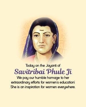 Portrait of Savitribai Phule with text commemorating her Jayanti