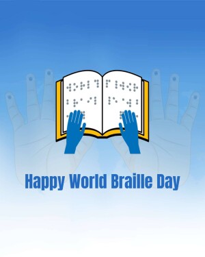 Illustration of hands reading a Braille book with the text 'Happy World Braille Day'