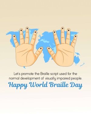 Illustration of hands forming Braille letters over a world map with text promoting Braille literacy.