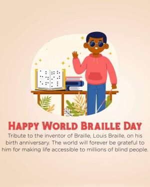 Illustration of a person with a visual impairment celebrating World Braille Day