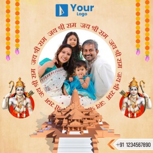 Family portrait within a Ram Mandir themed frame with 'Jai Shri Ram' text.