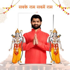 Image depicting a man in traditional attire with Ram Darbar background for Ram Navami.