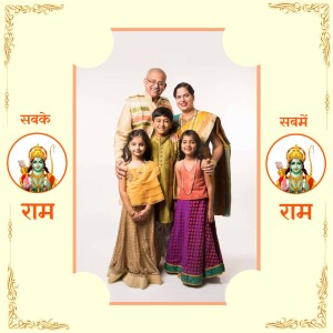 A family of five posing for a portrait with images of Lord Rama in the background.