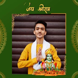 A young man with folded hands in front of an image of Lord Ram