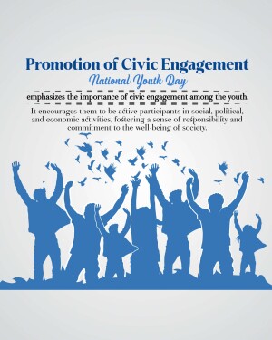 Silhouette of people raising hands with birds flying, promoting civic engagement for National Youth Day.