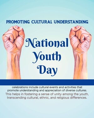 Image promoting National Youth Day and cultural understanding with raised hands and text.
