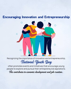 Illustration of diverse young people with arms around each other, celebrating National Youth Day and innovation.