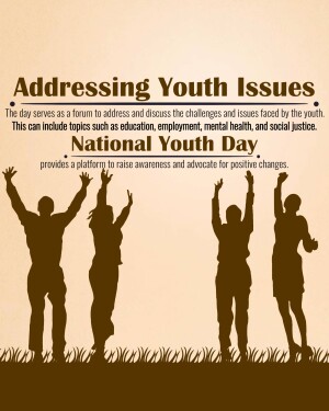 Silhouette of diverse youth raising hands with text 'Addressing Youth Issues' and 'National Youth Day'