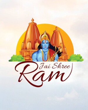Illustration of Lord Ram with a temple background and the text 'Jai Shree Ram'