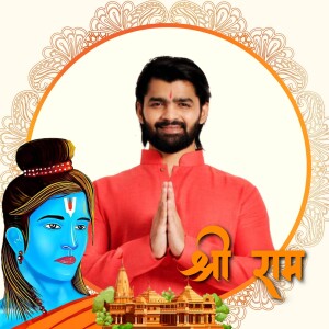 Image depicting Lord Rama and a man in traditional attire with a temple background, celebrating Ram Navami.