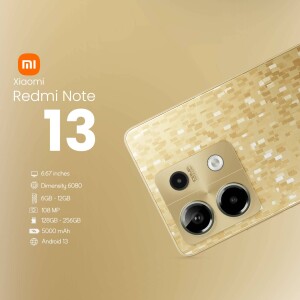 Xiaomi Redmi Note 13 smartphone with gold textured back and specifications