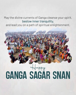 Crowd of people at Ganga Sagar during Snan, with a spiritual message.