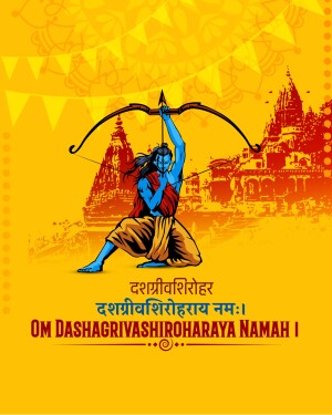 Illustration of Lord Rama aiming his bow and arrow with a temple background for Dussehra
