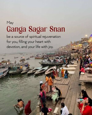 Crowded ghats at Ganga Sagar with people performing rituals and boats on the river.