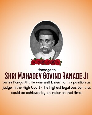 Portrait of Shri Mahadev Govind Ranade Ji with red roses and text commemorating his Punyathithi