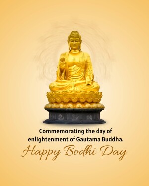 Golden statue of Buddha with text commemorating Bodhi Day