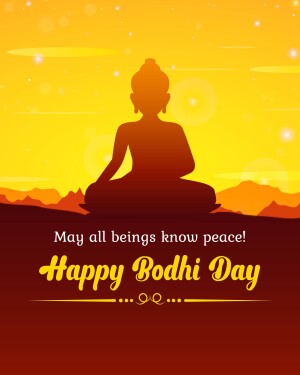 Silhouette of Buddha meditating against a vibrant sunset background with text 'Happy Bodhi Day'