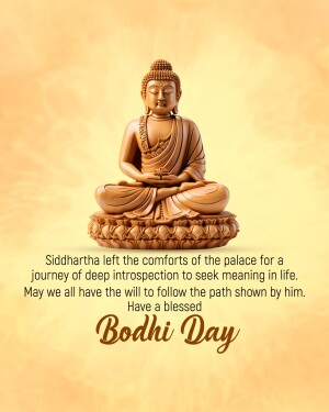 Image of a Buddha statue in a meditative pose with text celebrating Bodhi Day.