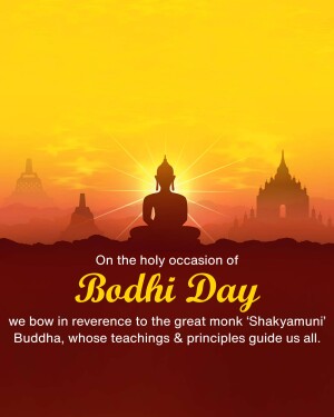 Silhouette of Buddha in meditation against a sunset backdrop with Bodhi Day text.