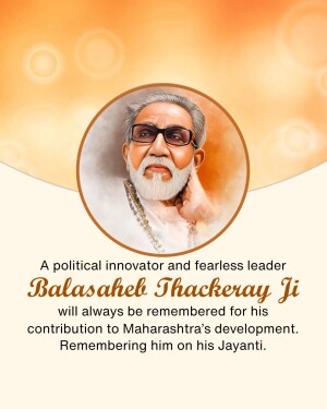 Portrait of Balasaheb Thackeray with text commemorating his contribution to Maharashtra