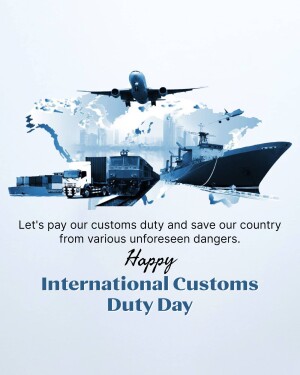 Image depicting various modes of transport - plane, ship, truck, train - with a world map background, celebrating International Customs Day.