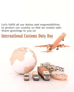 Image depicting International Customs Duty Day with a globe, airplane, and cargo transport.