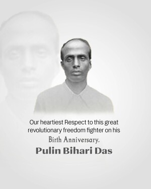 Black and white portrait of Pulind Bihari Das, a revolutionary freedom fighter.