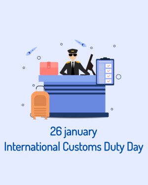 Illustration of a customs officer at a check-in desk with suitcases and airplanes, celebrating International Customs Duty Day.