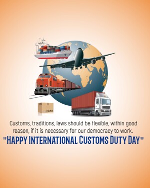 Illustration depicting various modes of transport around the globe with text celebrating International Customs Duty Day.