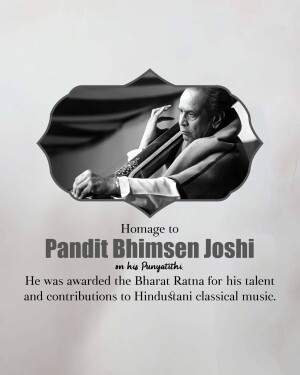 Black and white portrait of Pandit Bhimsen Joshi with text commemorating his Punyathithi.