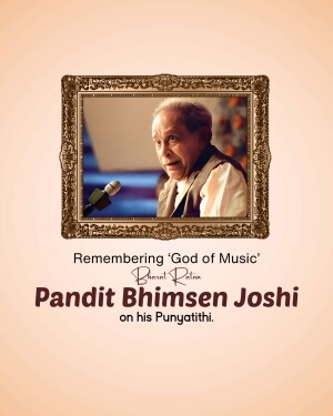 Portrait of Pandit Bhimsen Joshi in a decorative frame with text commemorating his Punyathithi.