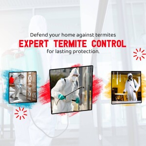 Termite control service advertisement with pest control worker