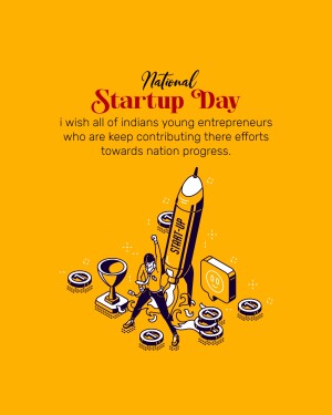 Illustration of a rocket-shaped pencil launching with a person pushing it, representing National Startup Day in India.