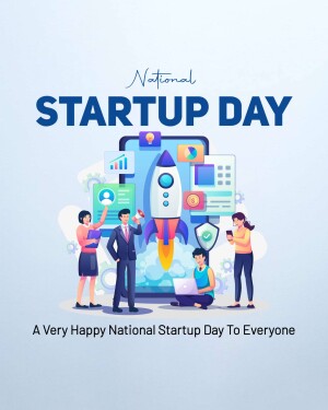 Illustration celebrating National Startup Day with people and a rocket ship emerging from a smartphone.