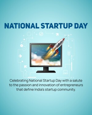 Image celebrating National Startup Day with a rocket launching from a computer screen.