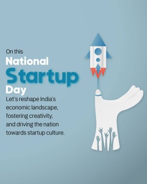 Graphic depicting a rocket launching from a hand with people reaching up, celebrating National Startup Day in India.