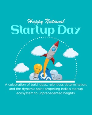Illustration of a rocket launching from a lightbulb with gears and clouds, celebrating National Startup Day in India.