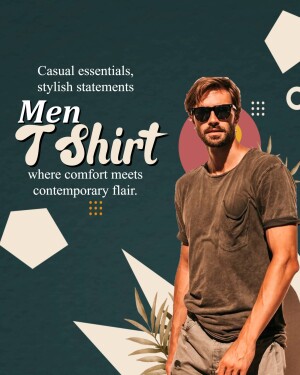 Man wearing a casual t-shirt with geometric shapes and text overlay.
