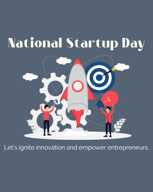 Illustration celebrating National Startup Day with a rocket, gears, and people.