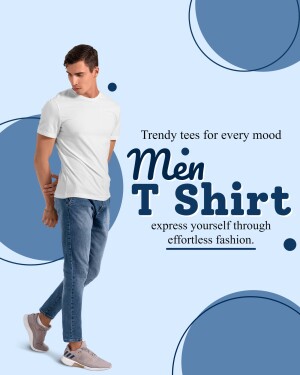Man wearing a white t-shirt and jeans with a blue abstract background.