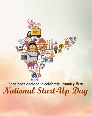 Illustration depicting Indian culture and startup elements with text announcing National Startup Day