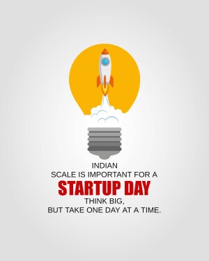 Illustration of a rocket launching from a lightbulb with text 'Indian Startup Day'