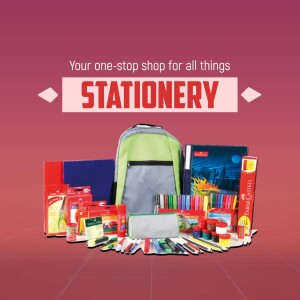 A colorful advertisement featuring a variety of stationery items like pens, pencils, notebooks, backpacks, and art supplies.