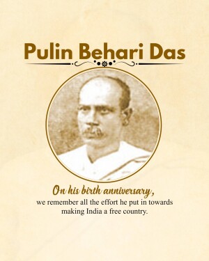 Portrait of Pulind Behari Das with a commemorative message
