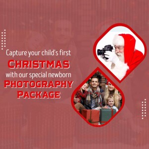 Advertisement for a Christmas newborn photography package featuring Santa Claus and a family with gifts.