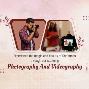 A promotional graphic featuring a photographer and a Christmas scene, advertising photography and videography services.