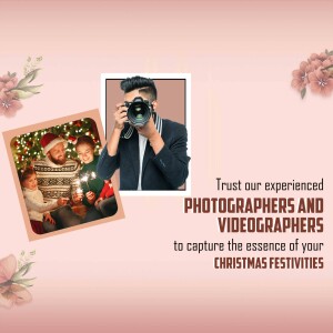 Photographer holding a photo of a family during Christmas